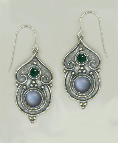 Sterling Silver Gothic Inspired Drop Dangle Earrings With Grey Moonstone And Fluorite